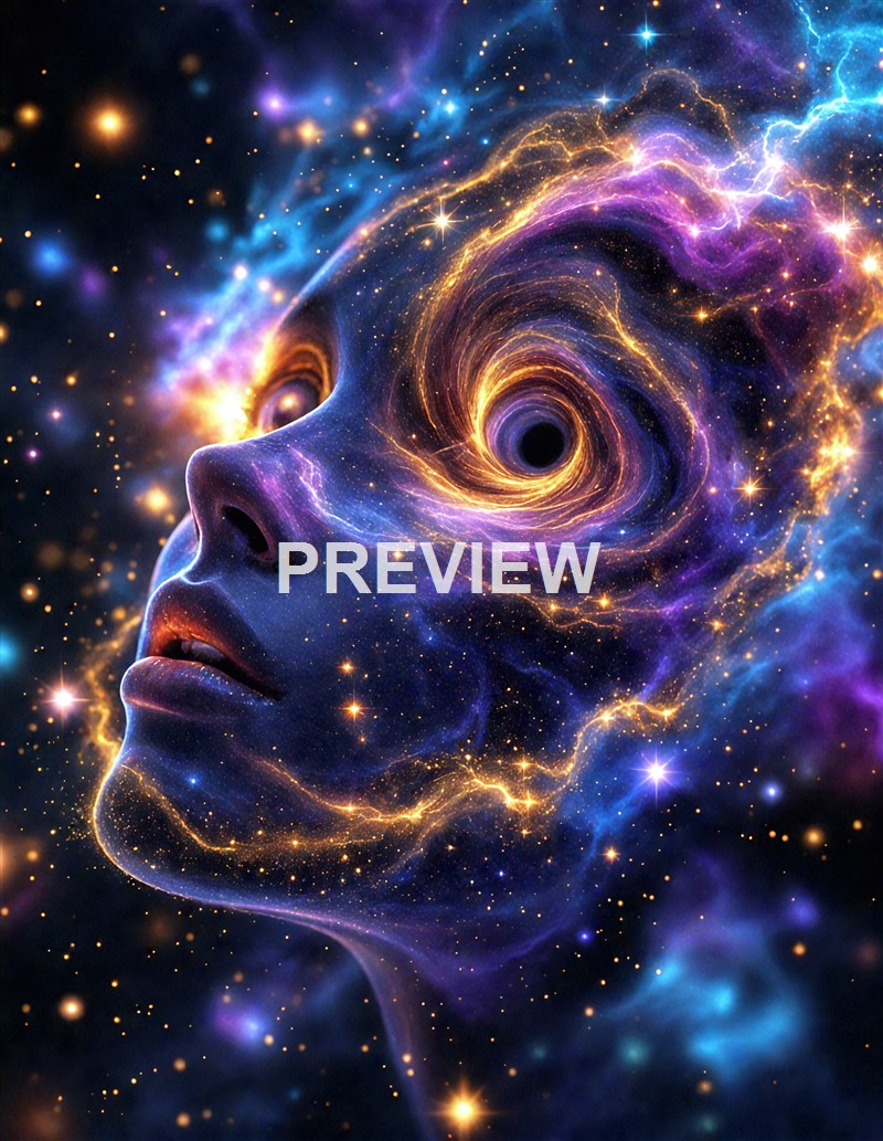 A surreal and cosmic depiction of a human face integrated with a swirling galaxy, featuring vibrant colors of purple, blue, gold, and black, with stars and nebulae surrounding the face, and a black hole in the eye area.